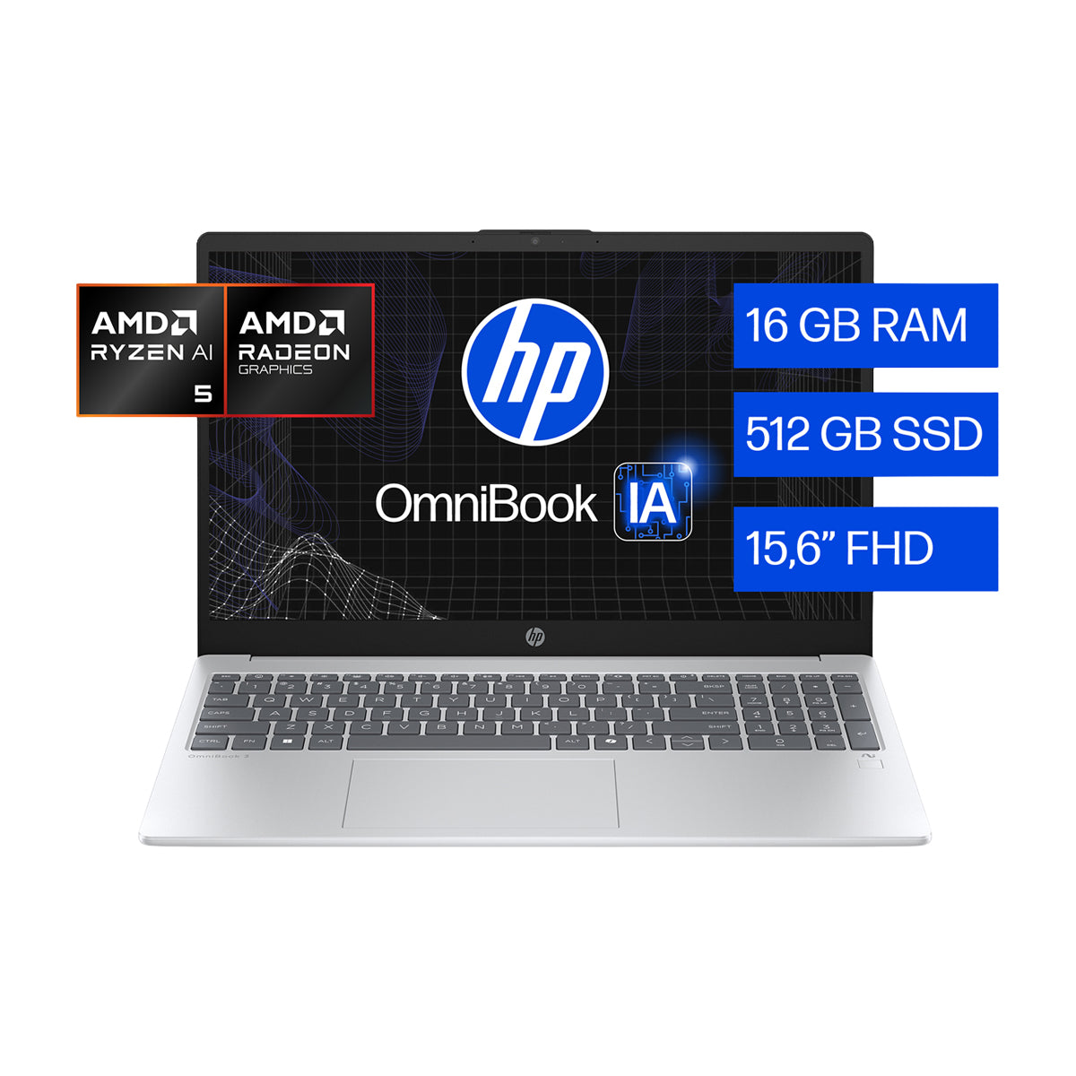 HP OmniBook 3 Laptop 15.6" FHD, AMD Ryzen AI 5 330, 16GB RAM, 512GB SSD, AMD Radeon, Lector de Huellas, Windows 11 Home | Plateado