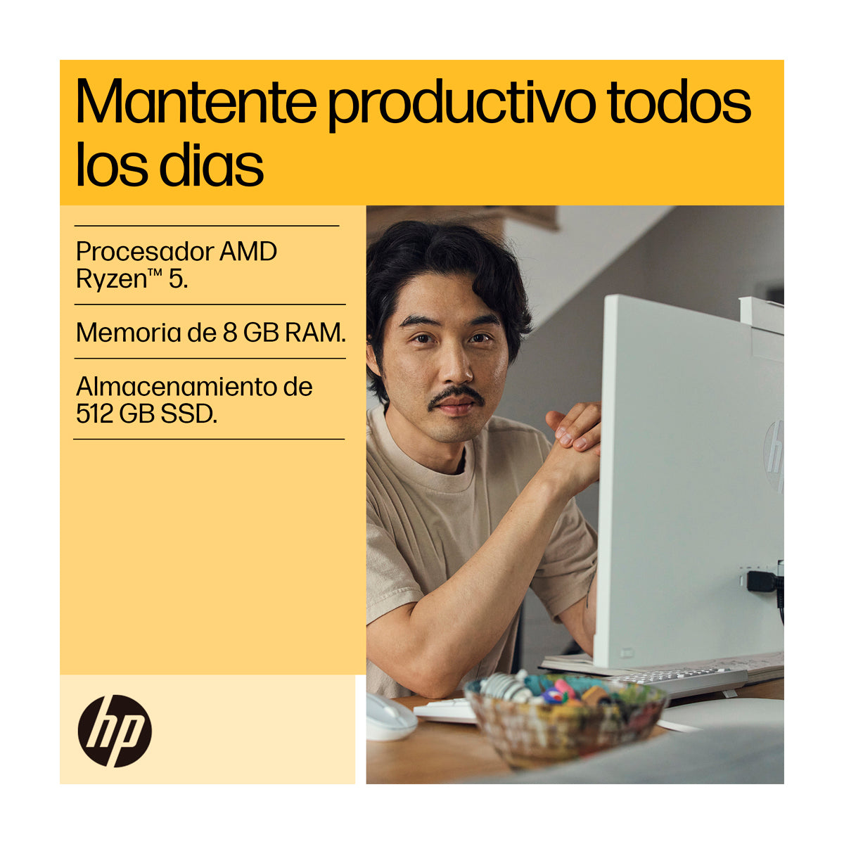 HP Computadora de Escritorio All in One de 23.8" FHD Táctil, AMD Ryzen 5 7520U, 8GB RAM, 512GB SSD, AMD Radeon, Windows 11 Home | Blanco