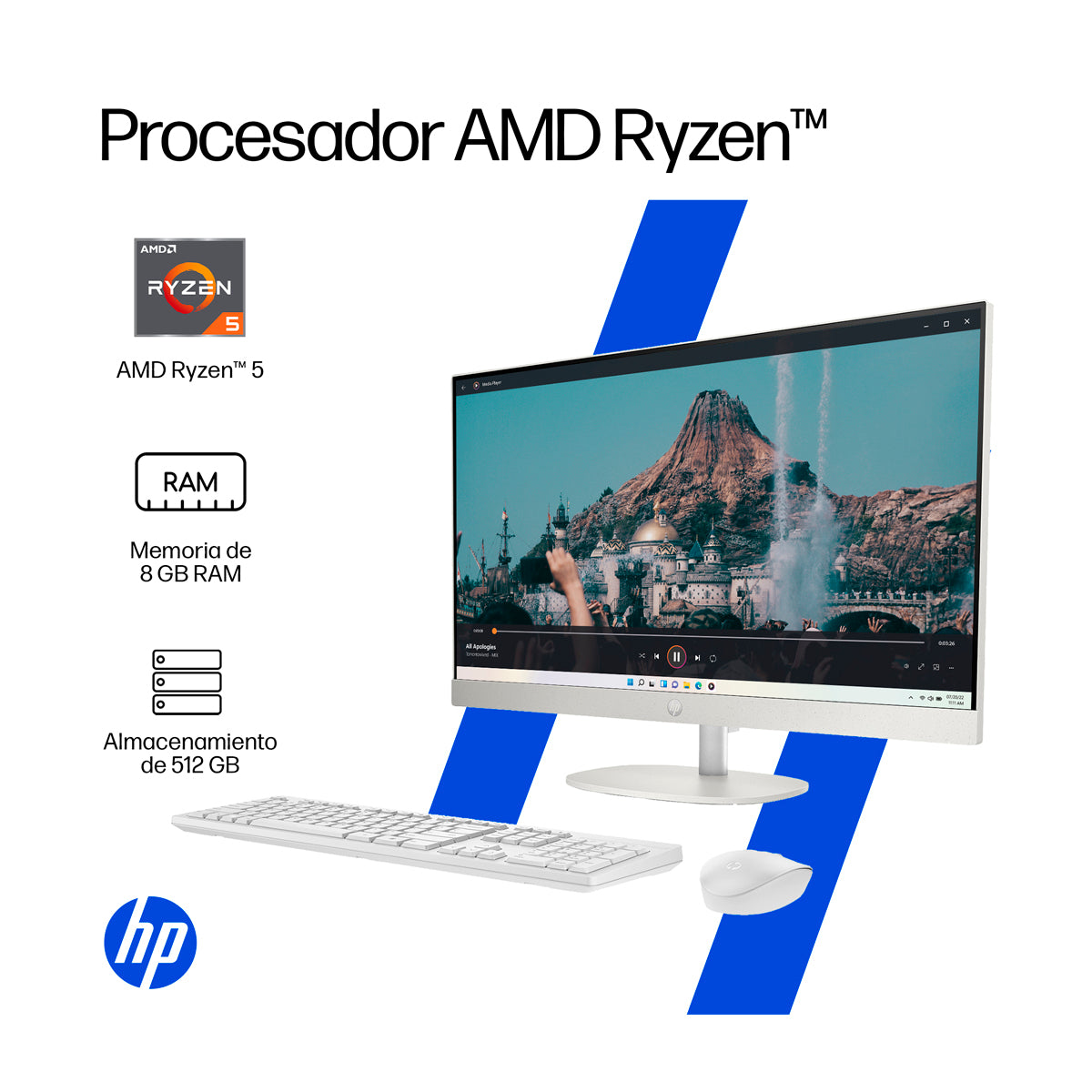 HP Computadora de Escritorio All in One de 23.8" FHD, AMD Ryzen 5 7520U, 8GB RAM, 512GB SSD, AMD Radeon, Windows 11 Home | Blanco