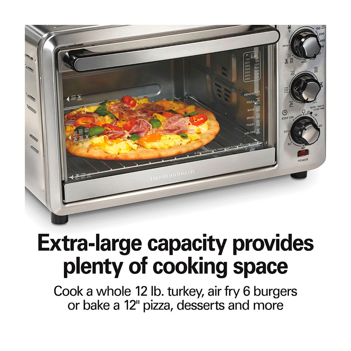 Hamilton Beach Horno Eléctrico con Freidora de Aire | Tostador | Convección | Bandeja Deslizable | Acero Inoxidable | Plateado