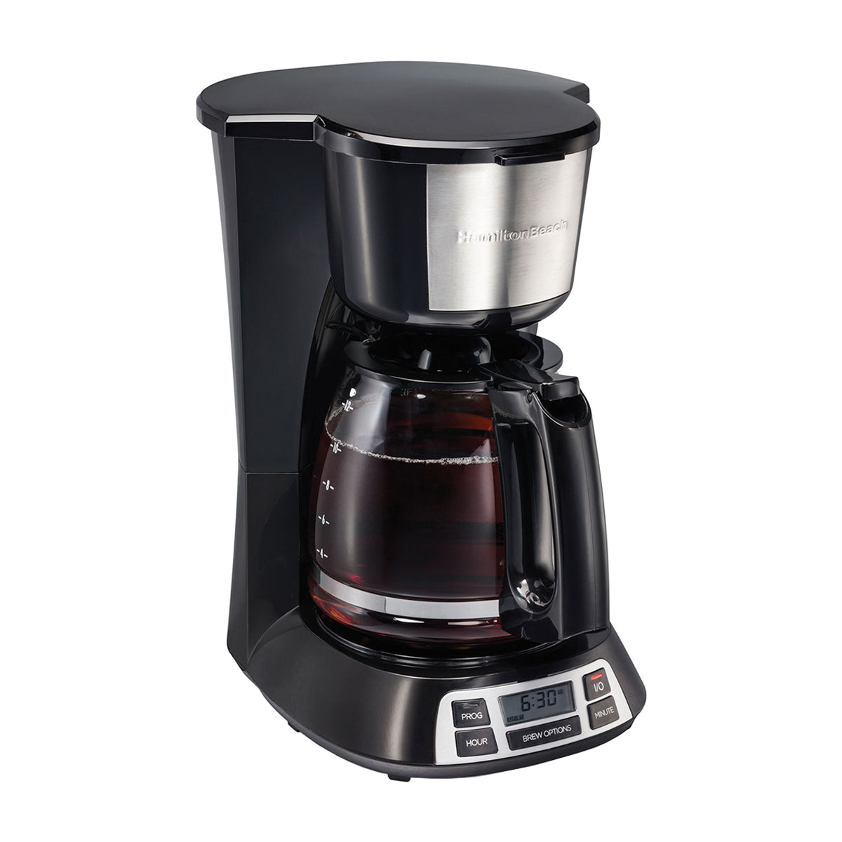 Hamilton Beach Cafetera de 12 Tazas | Programable | Pantalla LED | Negro Plateado