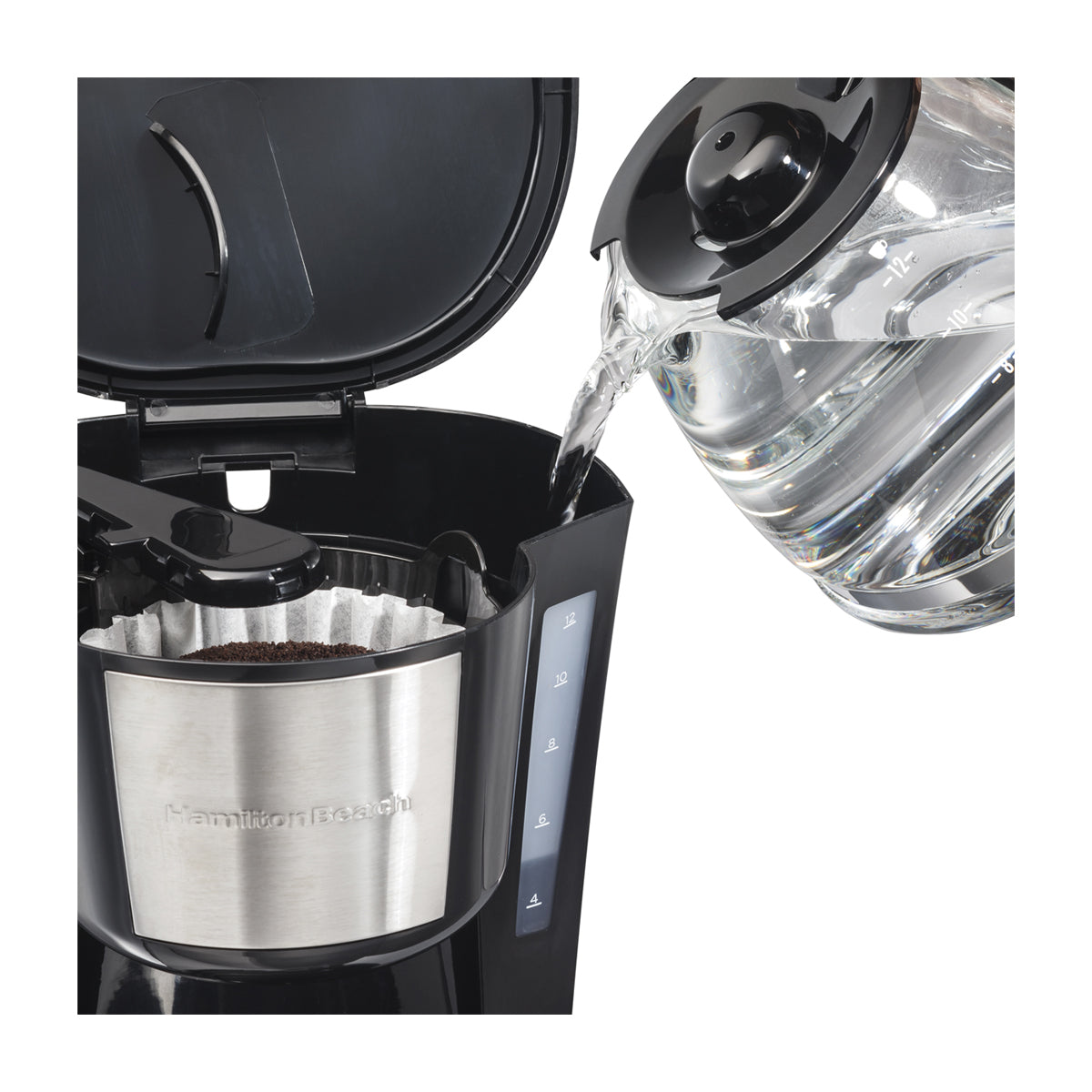 Hamilton Beach Cafetera de 12 Tazas | Programable | Pantalla LED | Negro Plateado