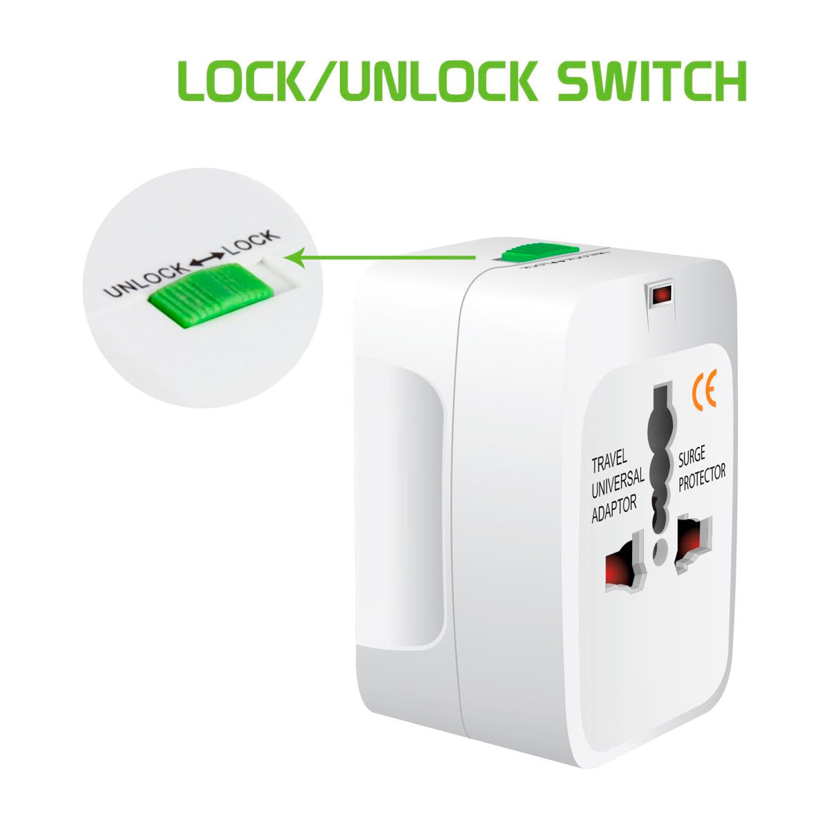 Okahama Adaptador universal con Protector de Sobretensión | 2 Puertos USB | 5 enchufes | 110 - 240 V