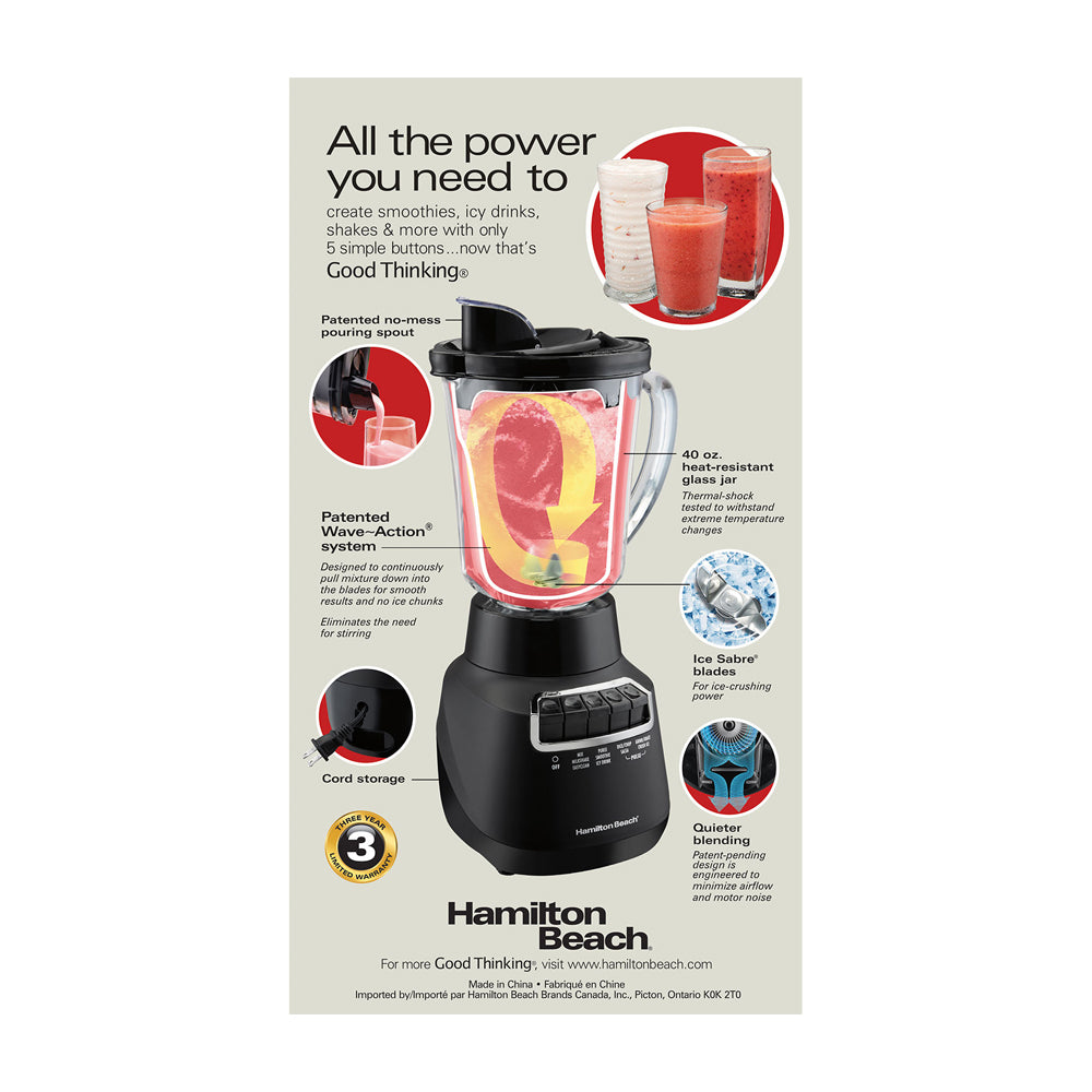 Hamilton Beach Wave Crusher Licuadora de 10 Funciones | Wave Action | 1.2L | 800W | Negro