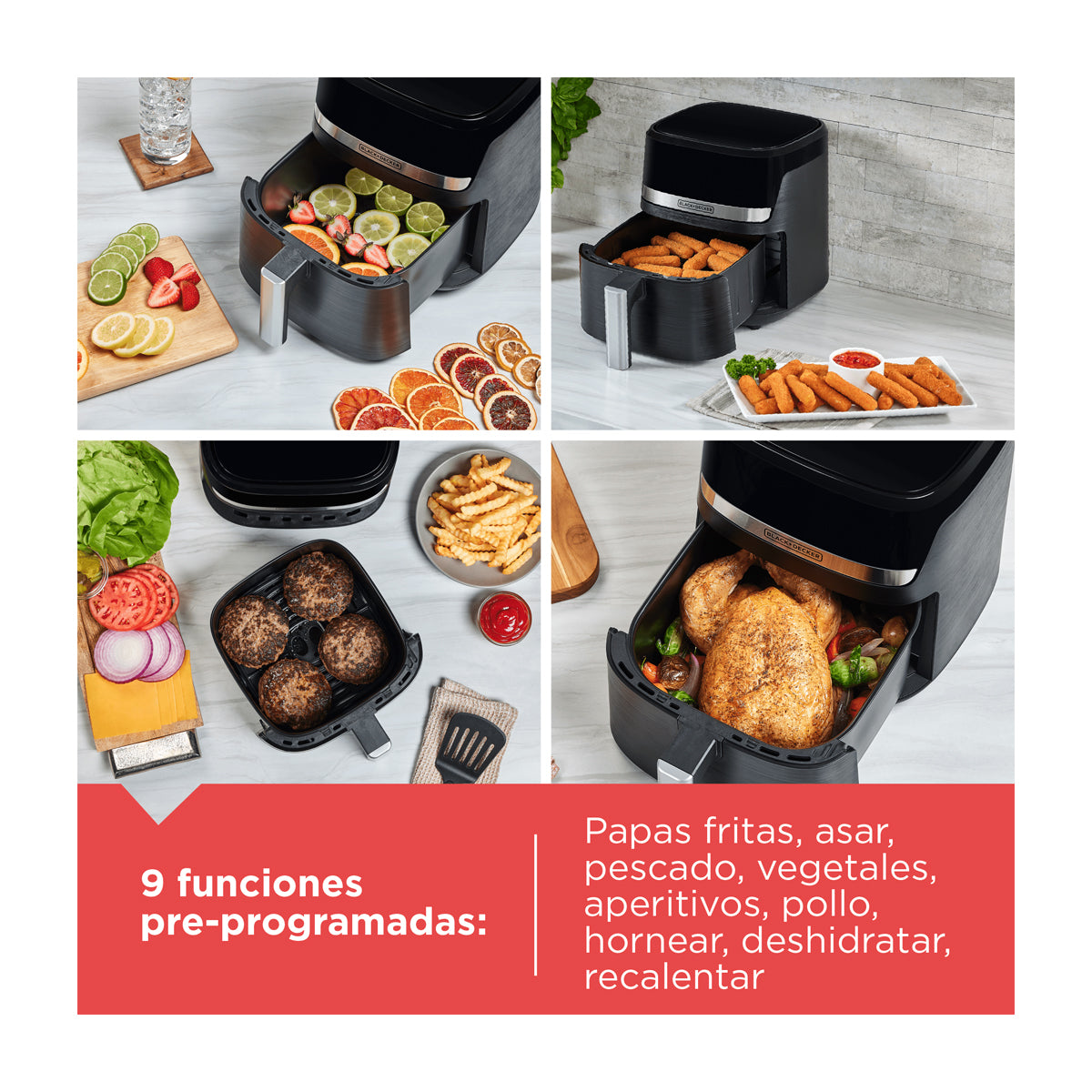 Black & Decker Freidora de Aire Digital | 5.5L | 9 Funciones | Control de Temperatura | Antiadherente | Negro