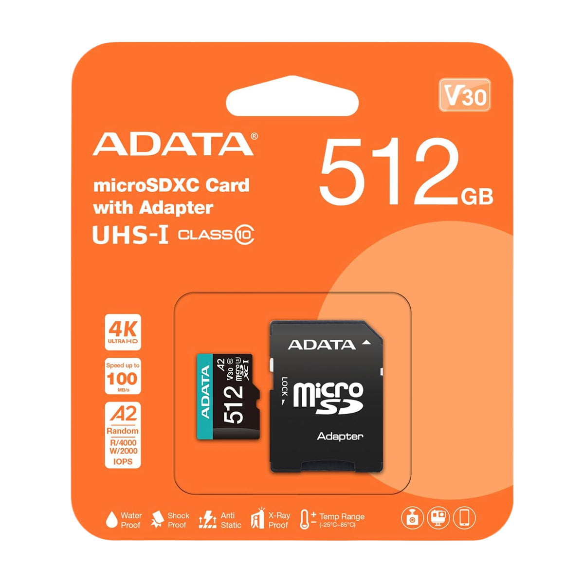 ADATA Memoria Micro SDXC de 512GB + Adaptador | UHS-I | V30 | U3 | Clase 10 | 100MB/s