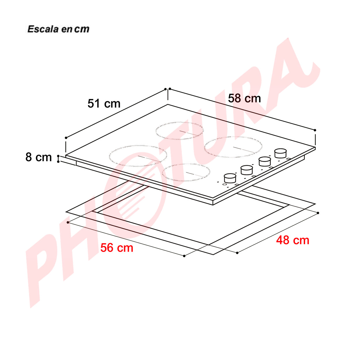 Drija Bari 60-A Estufa Empotrable Eléctrica de Vitrocerámica | 4 Quemadores | 9 Niveles de Temperatura