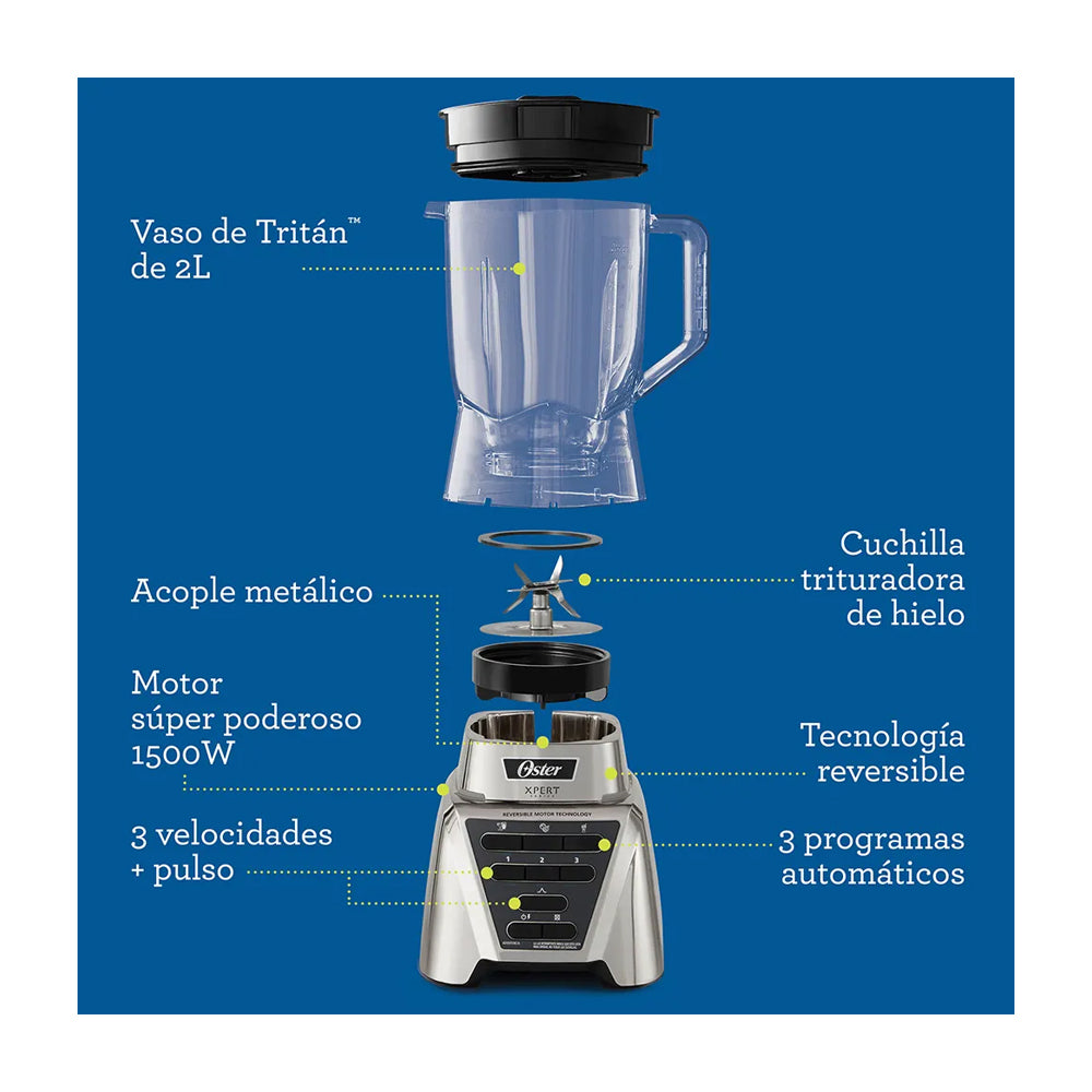Oster BLST3AC2T Xpert Series Licuadora de 3 Velocidades | Programas Automáticos | Tritan | Pulso | Tecnología Reversible | All-Metal-Drive | 2L | 1500W | Plateado