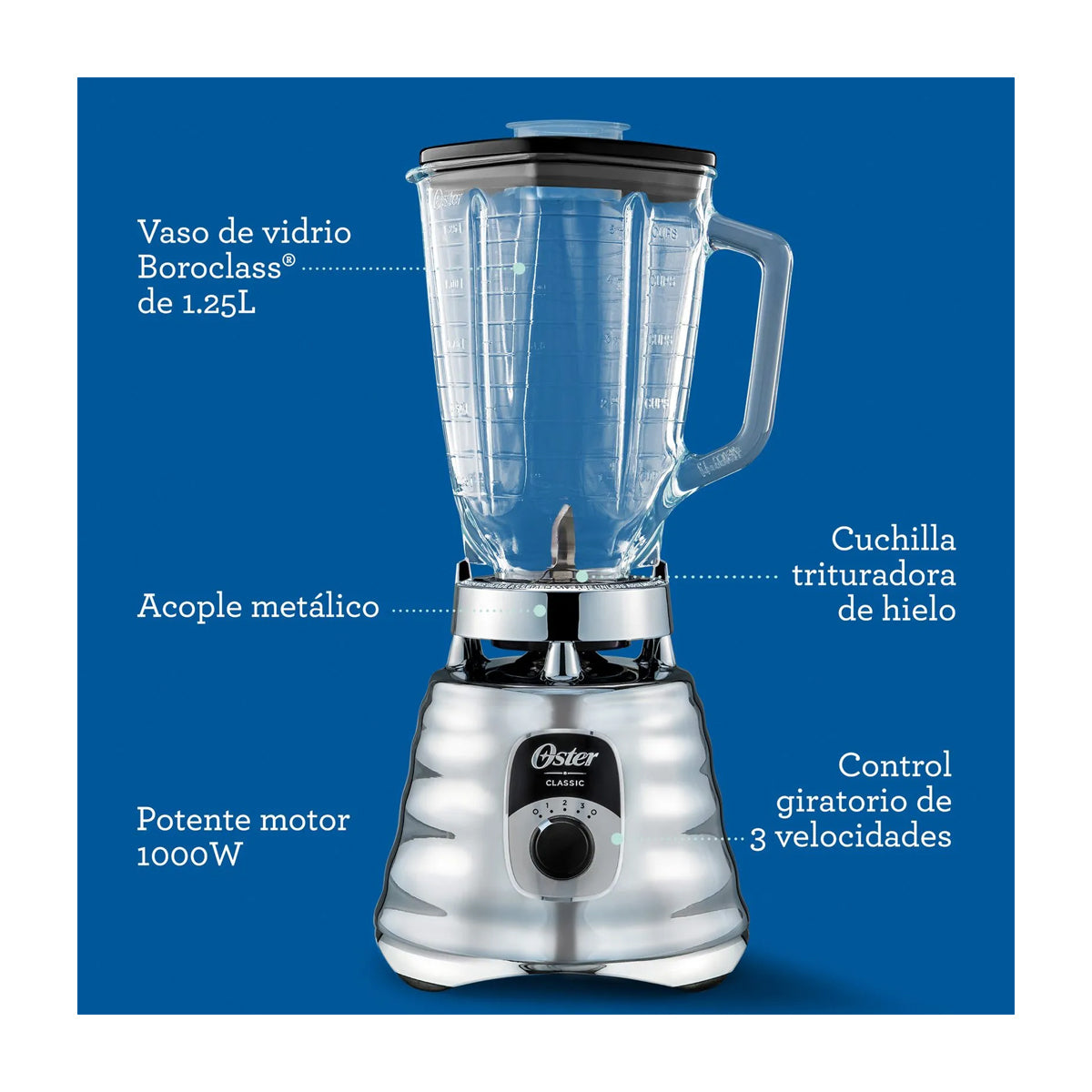 Oster BLST4655 Licuadora de 3 Velocidades | All-Metal Drive | 1.25L | 1000W | Cromado
