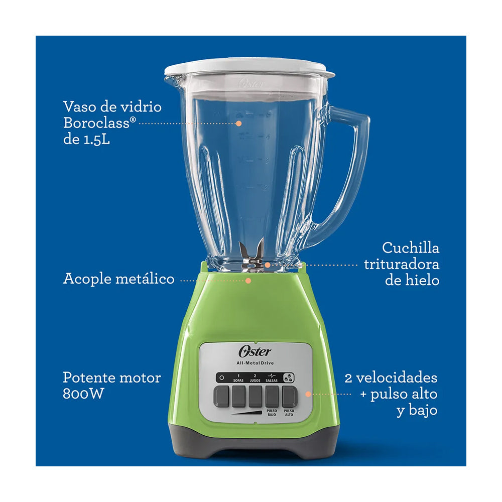 Oster BLSTKAGKPB Licuadora de 2 Velocidades | Boroclass | All-Metal Drive | 1.5L | 800W | Verde