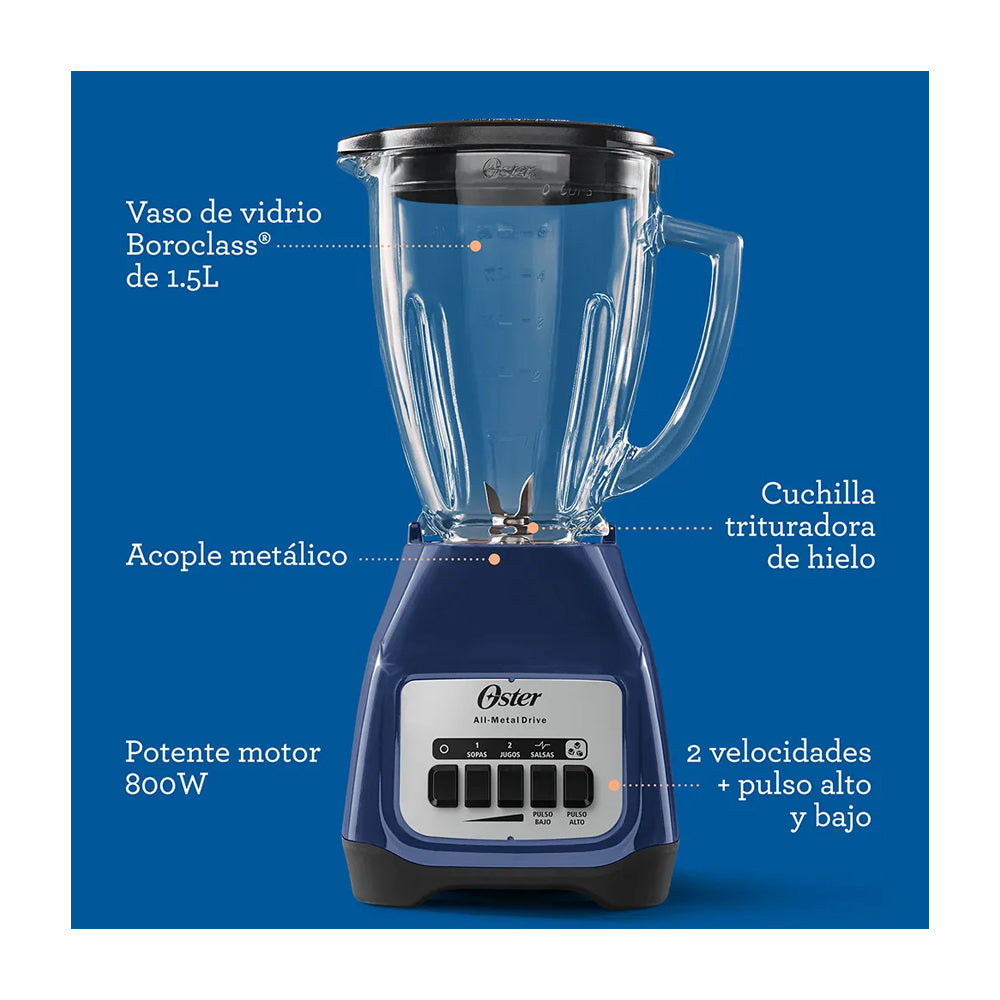 Oster BLSTKAGLPB Licuadora de 2 Velocidades | Boroclass | All-Metal Drive | Función de Pulso | 1.5L | 800W | Azul