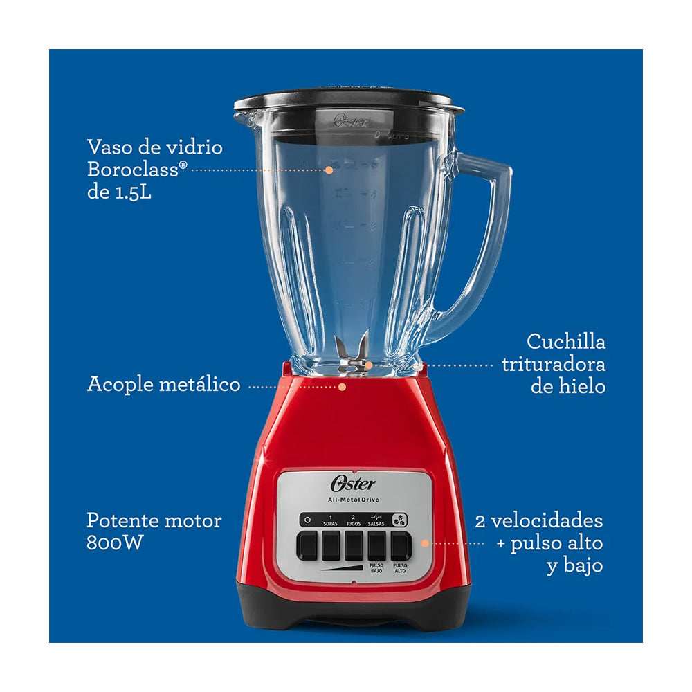 Oster BLSTKAGRPB Licuadora de 2 Velocidades | Boroclass | All-Metal Drive | Función de Pulso | 1.5L | 800W | Rojo