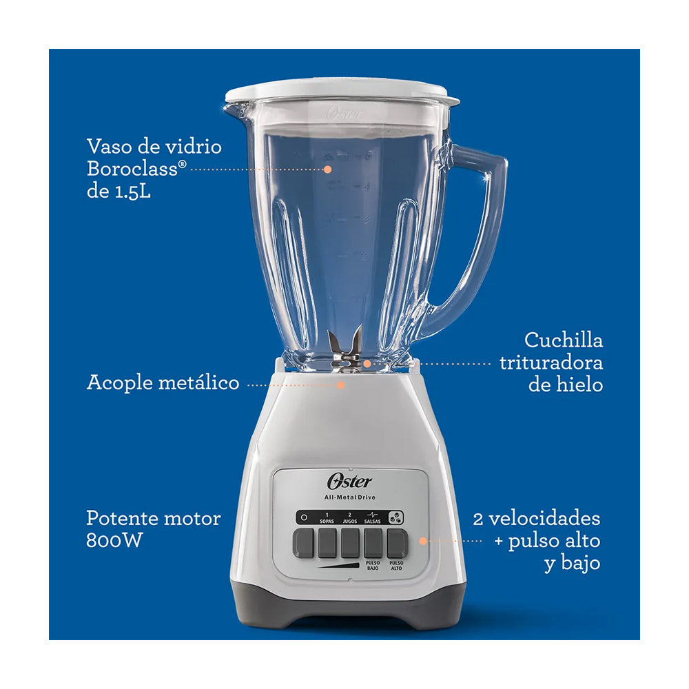 Oster BLSTKAGWPB Licuadora de 2 Velocidades | Boroclass | All-Metal Drive | Función de Pulso | 1.5L | 800W | Blanco