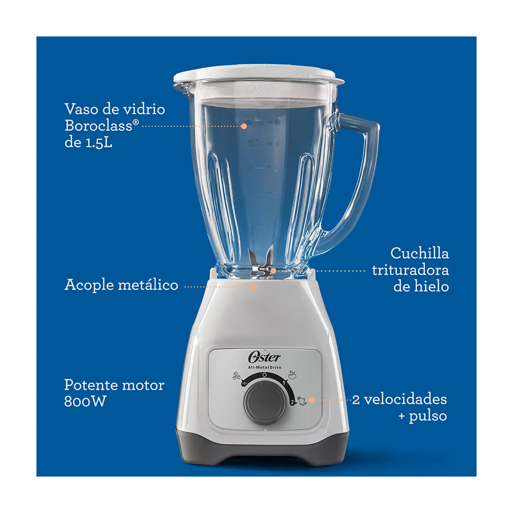 Oster BLSTKAGWRD Licuadora de 2 Velocidades | Boroclass | All-Metal Drive | Función de Pulso | 1.5L | 800W | Blanco