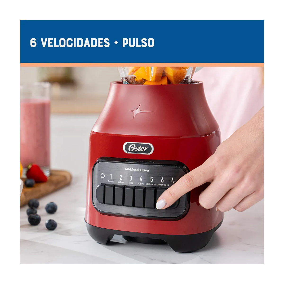 Oster BLSTPEGRPB Licuadora de 6 Velocidades | Boroclass | All-Metal Drive | Función de Pulso | 1.5L | 800W | Rojo