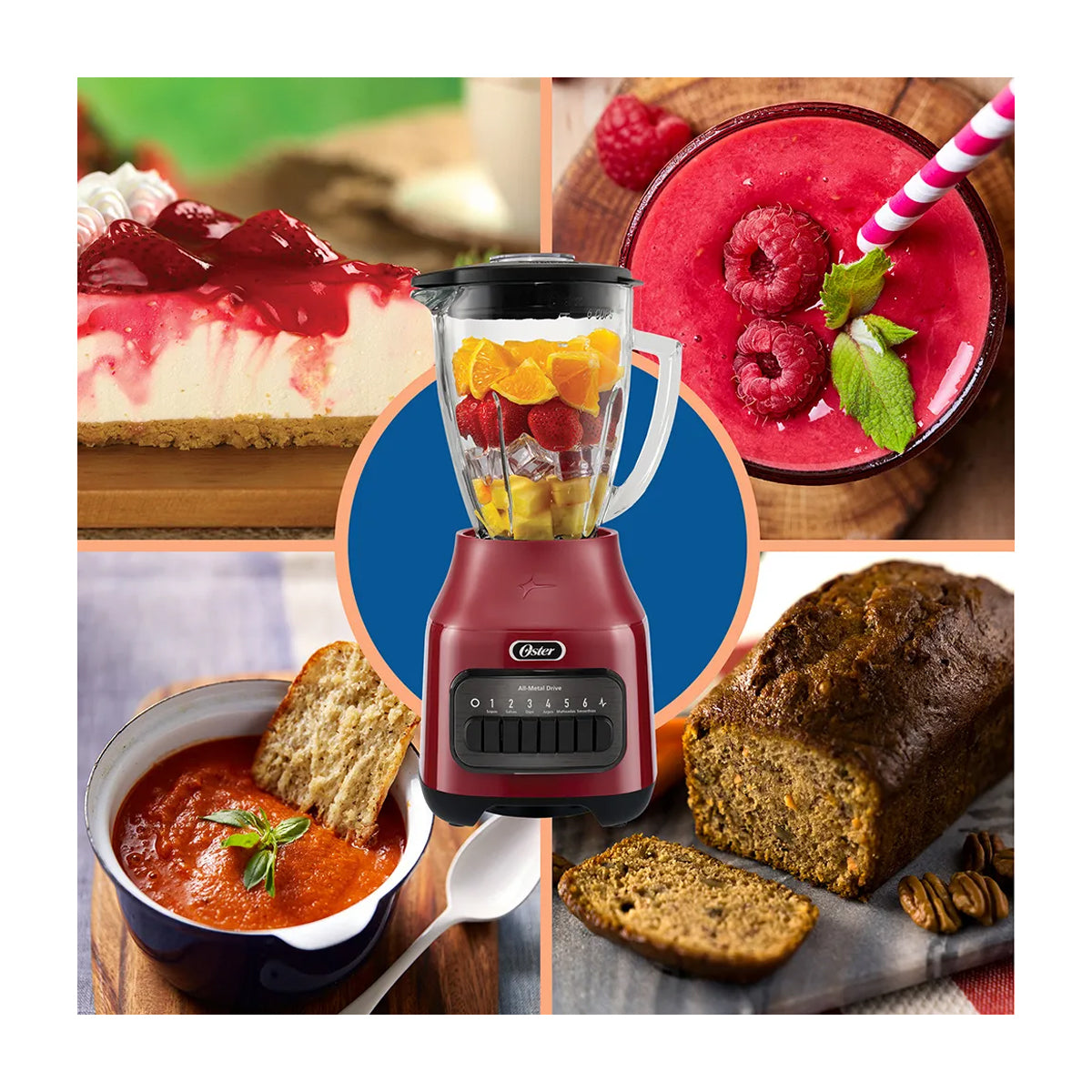 Oster BLSTPEGRPB Licuadora de 6 Velocidades | Boroclass | All-Metal Drive | Función de Pulso | 1.5L | 800W | Rojo