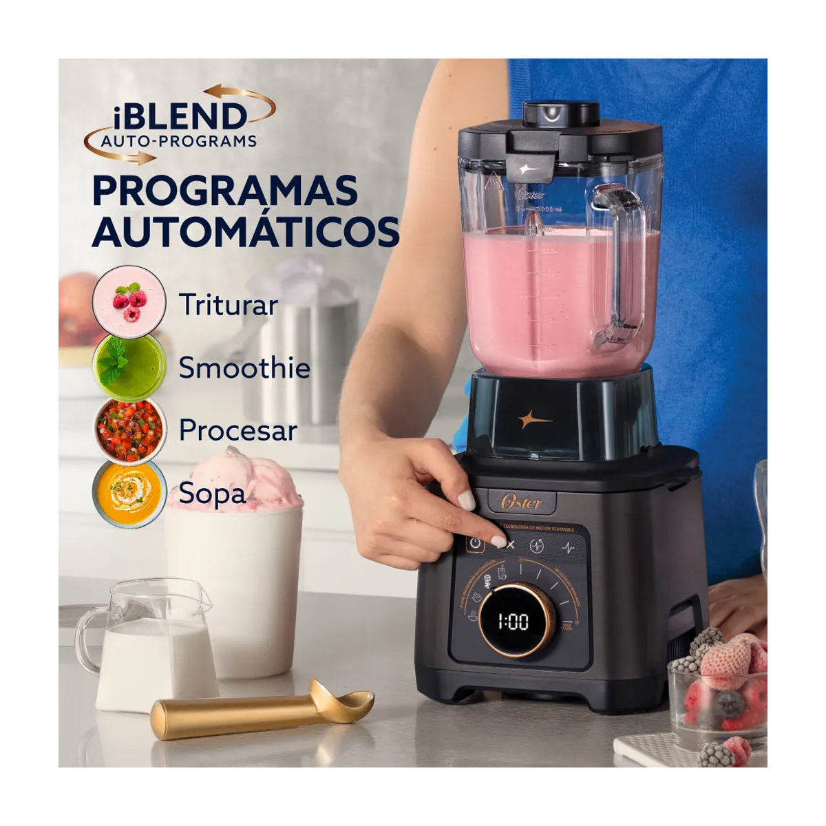 Oster BLSTXTXG013 Xpert Series Licuadora Profesional de 5 Velocidades | Boroclass | Tecnología Reversible | Función de Calentamiento para Sopas y Salsas | 2.5L | 2200W | Negro