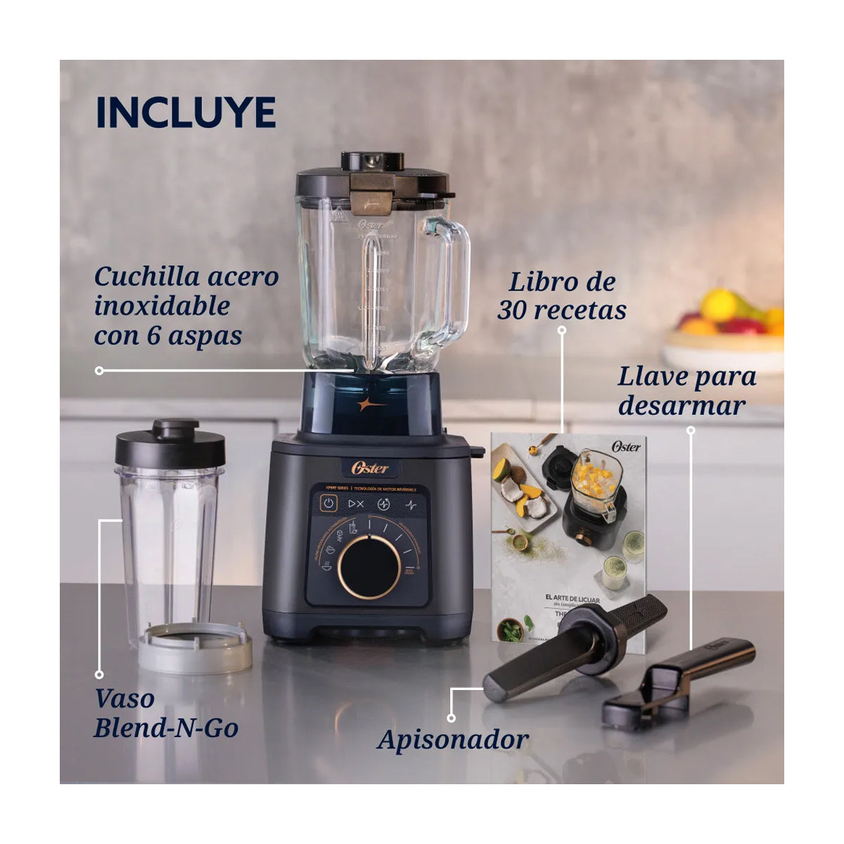 Oster BLSTXTXG013 Xpert Series Licuadora Profesional de 5 Velocidades | Boroclass | Tecnología Reversible | Función de Calentamiento para Sopas y Salsas | 2.5L | 2200W | Negro