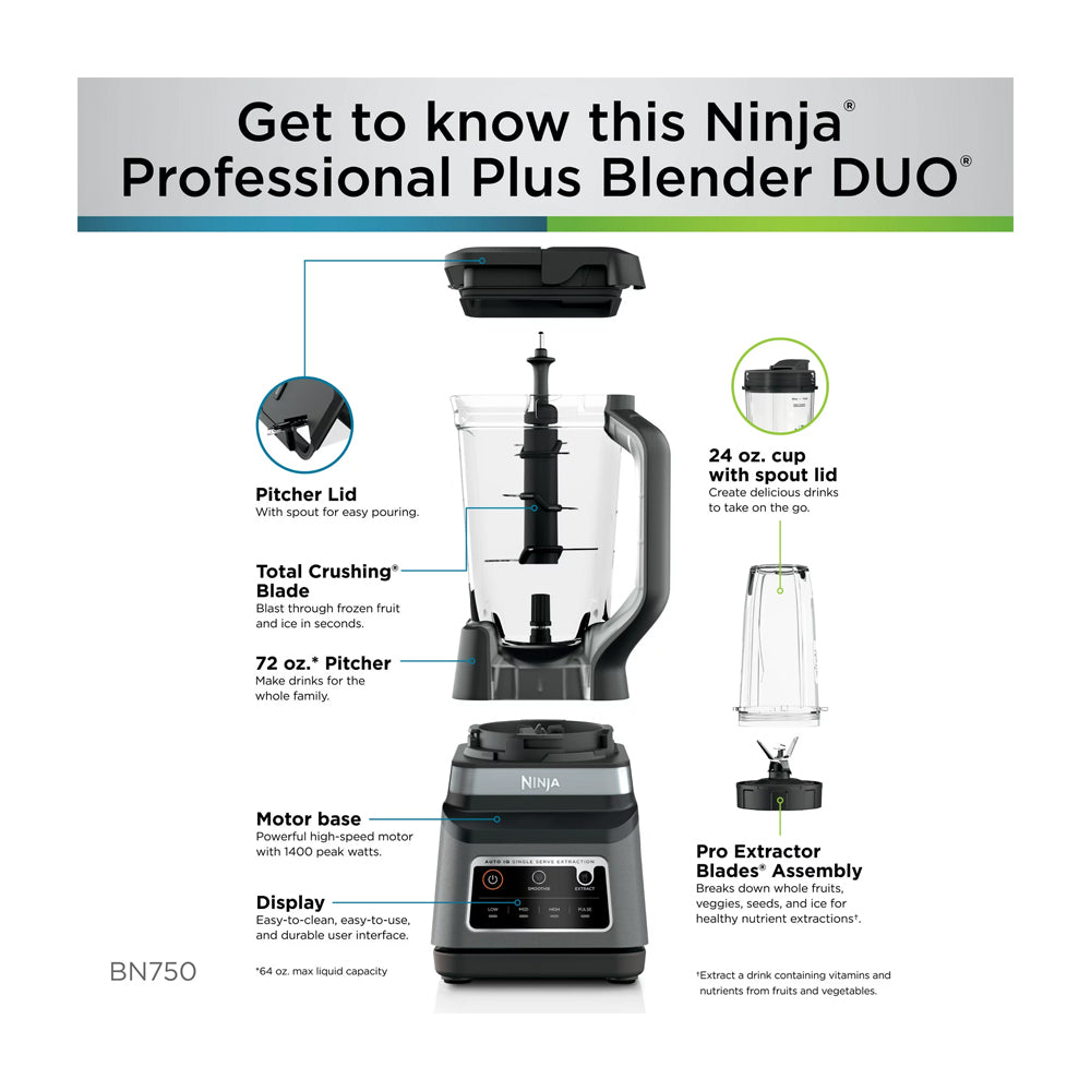 Ninja Professional Plus Duo Licuadora / Extractor de Nutrientes de 3 Velocidades | Auto IQ | Tecnología Total Crushing | Pulso | 0.71L & 2.1L | 1400W | Gris Negro