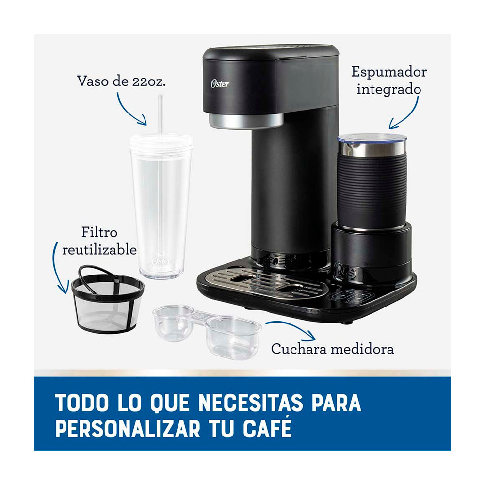 Oster Cafetera Latte 4-en-1 de 22oz | Espumador Integrado | Sistema de Medición | Sistema Profesional | Negro