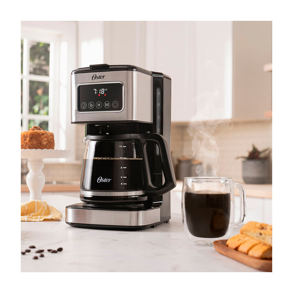 Oster BVSTDC4403 Cafetera de 12 Tazas | Filtro Reutilizable | Apagado Automático | Negro Plateado