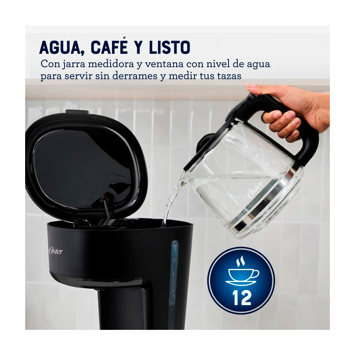 Oster BVSTDCS121B Cafetera de 12 Tazas | Filtro Permanente Lavable | Interruptor Iluminado | Pausa y Servir | Negro