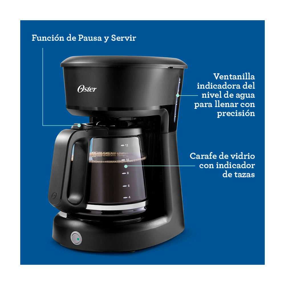 Oster BVSTDCS12BN Cafetera de 12 Tazas | Filtro Permanente Lavable | Pausa y Servir | Negro