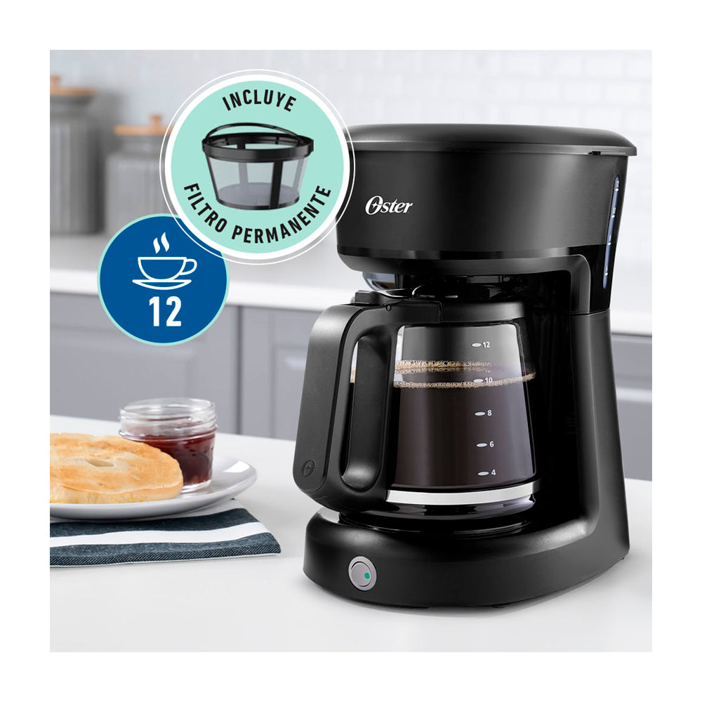 Oster BVSTDCS12BN Cafetera de 12 Tazas | Filtro Permanente Lavable | Pausa y Servir | Negro
