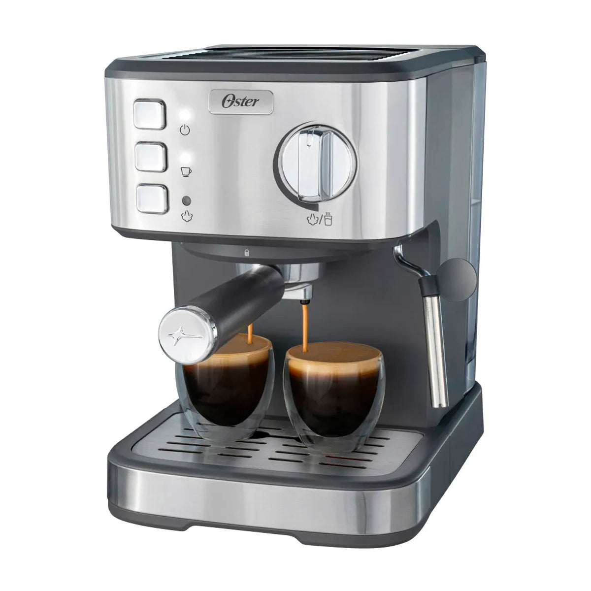 Oster BVSTEM5502 Cafetera de 8 Tazas | Espresso y Capuccino | 15 Bares | Tubo de Vapor | Acero Inoxidable