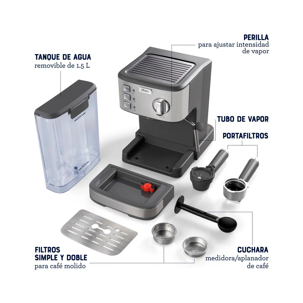 Oster BVSTEM5502 Cafetera de 8 Tazas | Espresso y Capuccino | 15 Bares | Tubo de Vapor | Acero Inoxidable