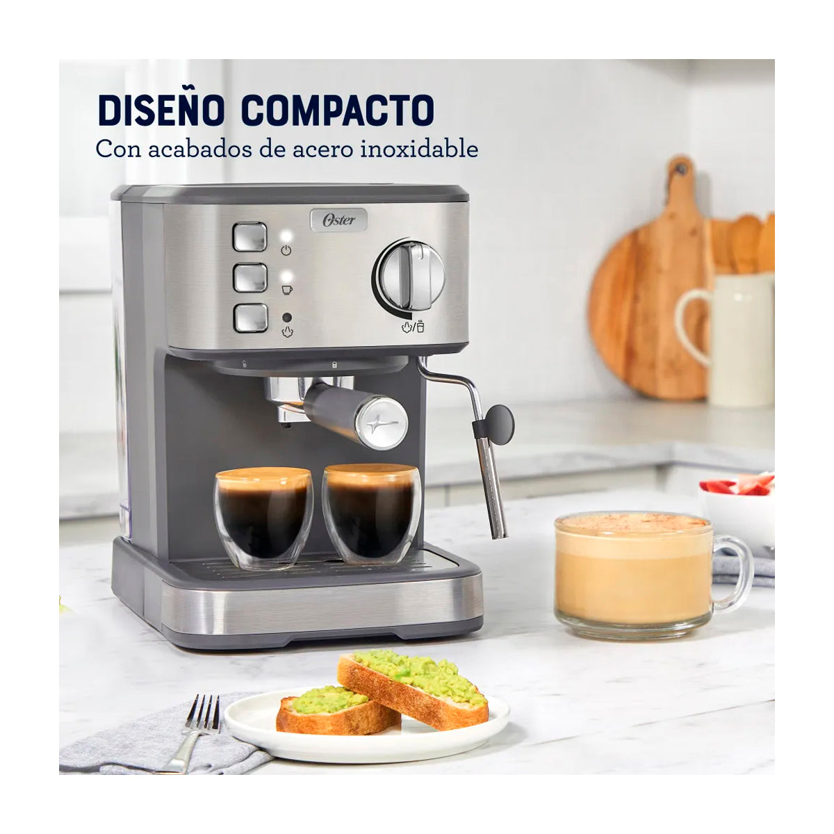 Oster BVSTEM5502 Cafetera de 8 Tazas | Espresso y Capuccino | 15 Bares | Tubo de Vapor | Acero Inoxidable