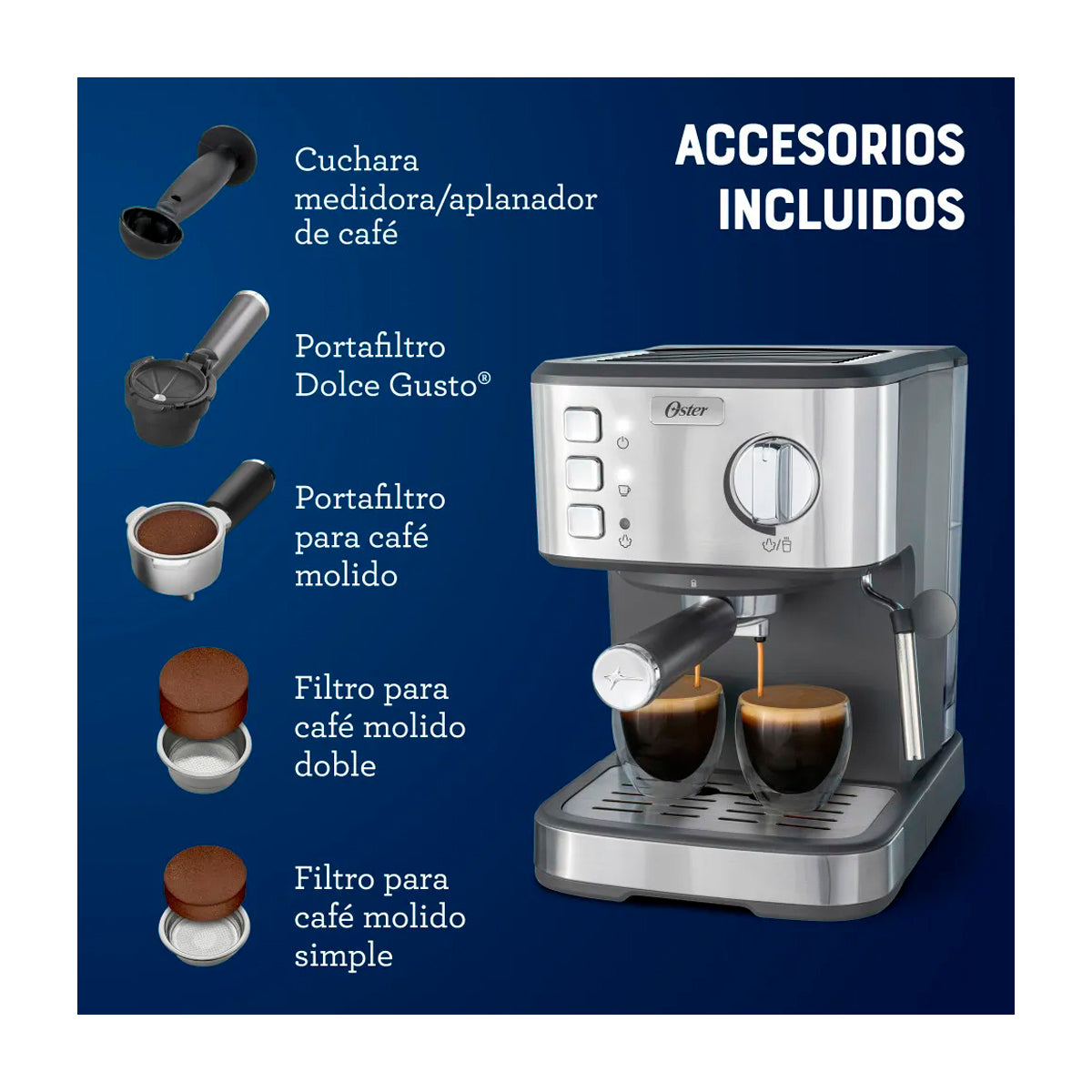 Oster BVSTEM5502 Cafetera de 8 Tazas | Espresso y Capuccino | 15 Bares | Tubo de Vapor | Acero Inoxidable