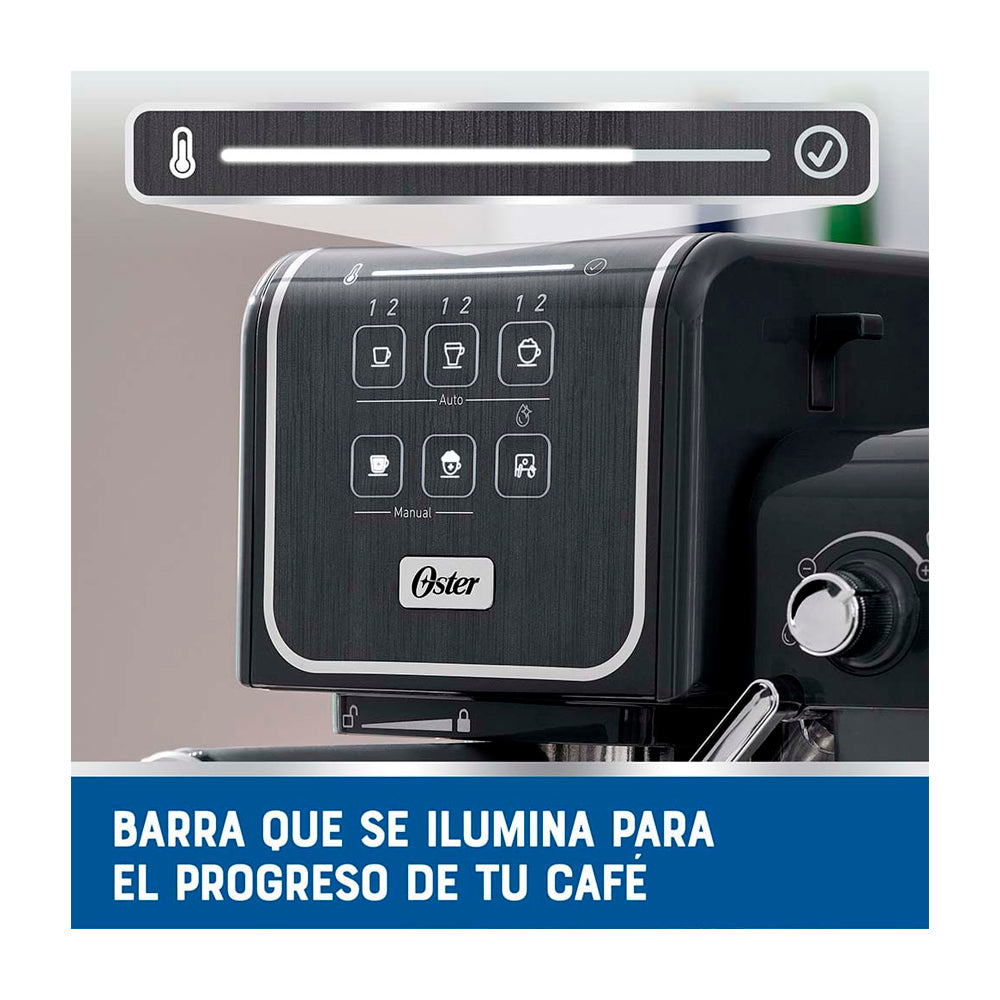 Oster BVSTEM6801M Cafetera PrimaLatte de 5 Tazas | 19 Bares | Barra de Progreso | Gris