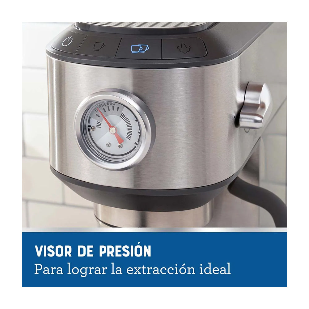 Oster BVSTEM7200 Cafetera de 4 Tazas | 15 Bares | Espresso y Capuccino | Sistema Espumador | Plateado