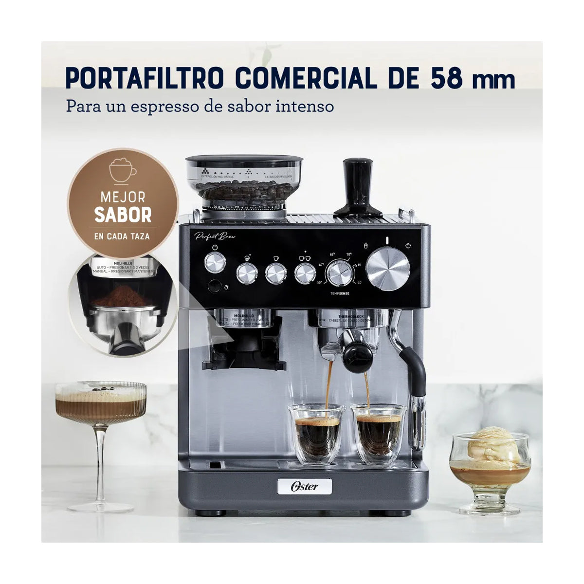 Oster BVSTEM7301 Cafetera Perfect Brew | Espresso y Latte | 15 Bares | Thermoblock | Molino Integrado | Acero Inoxidable