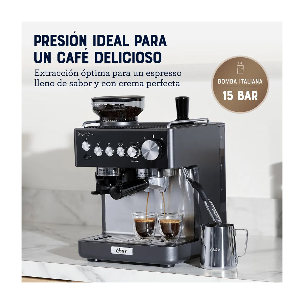 Oster BVSTEM7301 Cafetera Perfect Brew | Espresso y Latte | 15 Bares | Thermoblock | Molino Integrado | Acero Inoxidable