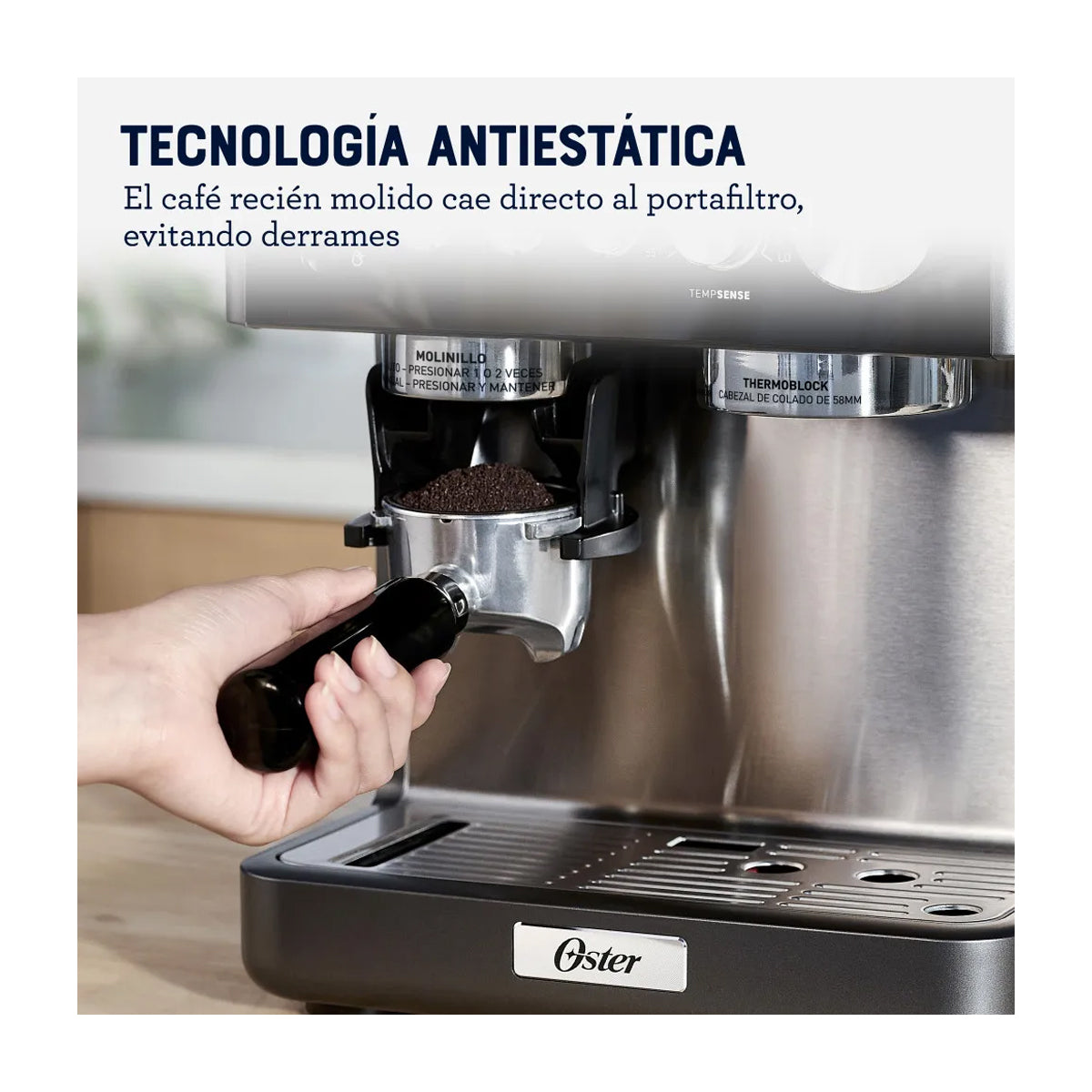 Oster BVSTEM7301 Cafetera Perfect Brew | Espresso y Latte | 15 Bares | Thermoblock | Molino Integrado | Acero Inoxidable