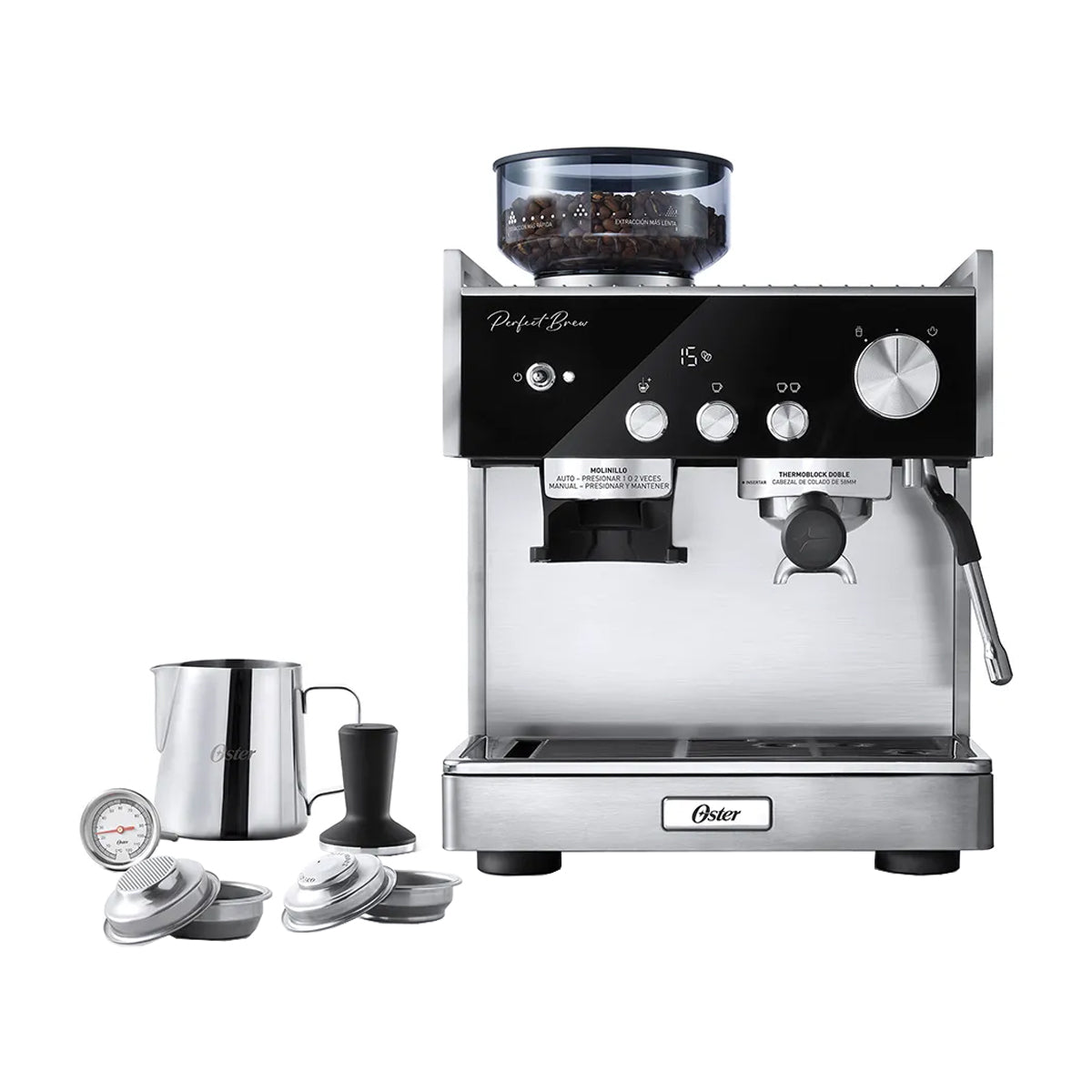 Oster BVSTEM7400 Cafetera Perfect Brew Máxima | Espresso y Latte | 15 Bares | Thermoblock Doble | Molino Inteligente | Acero Inoxidable