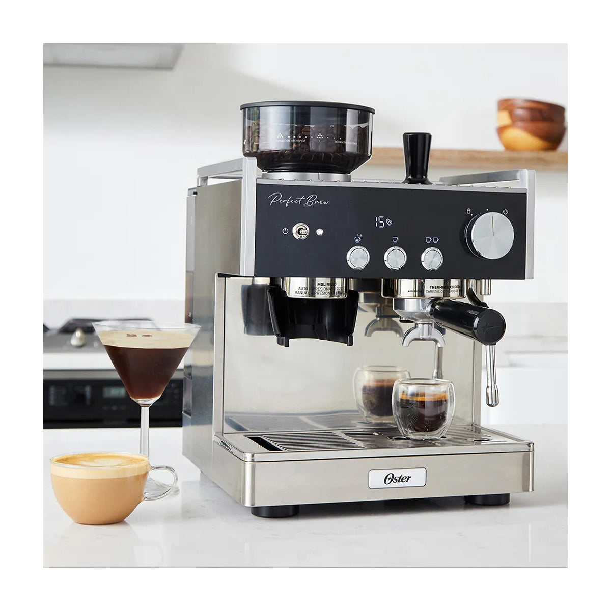 Oster BVSTEM7400 Cafetera Perfect Brew Máxima | Espresso y Latte | 15 Bares | Thermoblock Doble | Molino Inteligente | Acero Inoxidable
