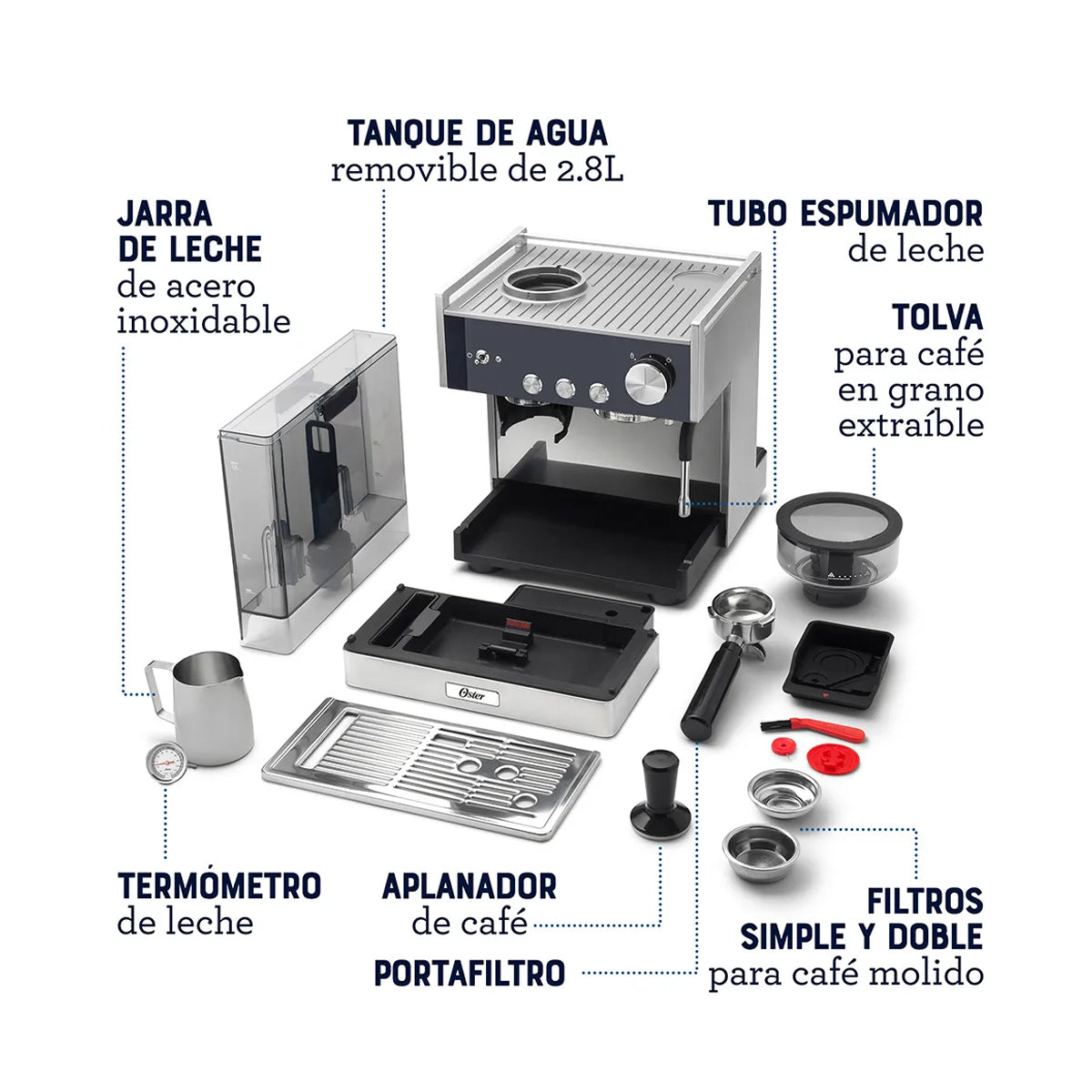Oster BVSTEM7400 Cafetera Perfect Brew Máxima | Espresso y Latte | 15 Bares | Thermoblock Doble | Molino Inteligente | Acero Inoxidable