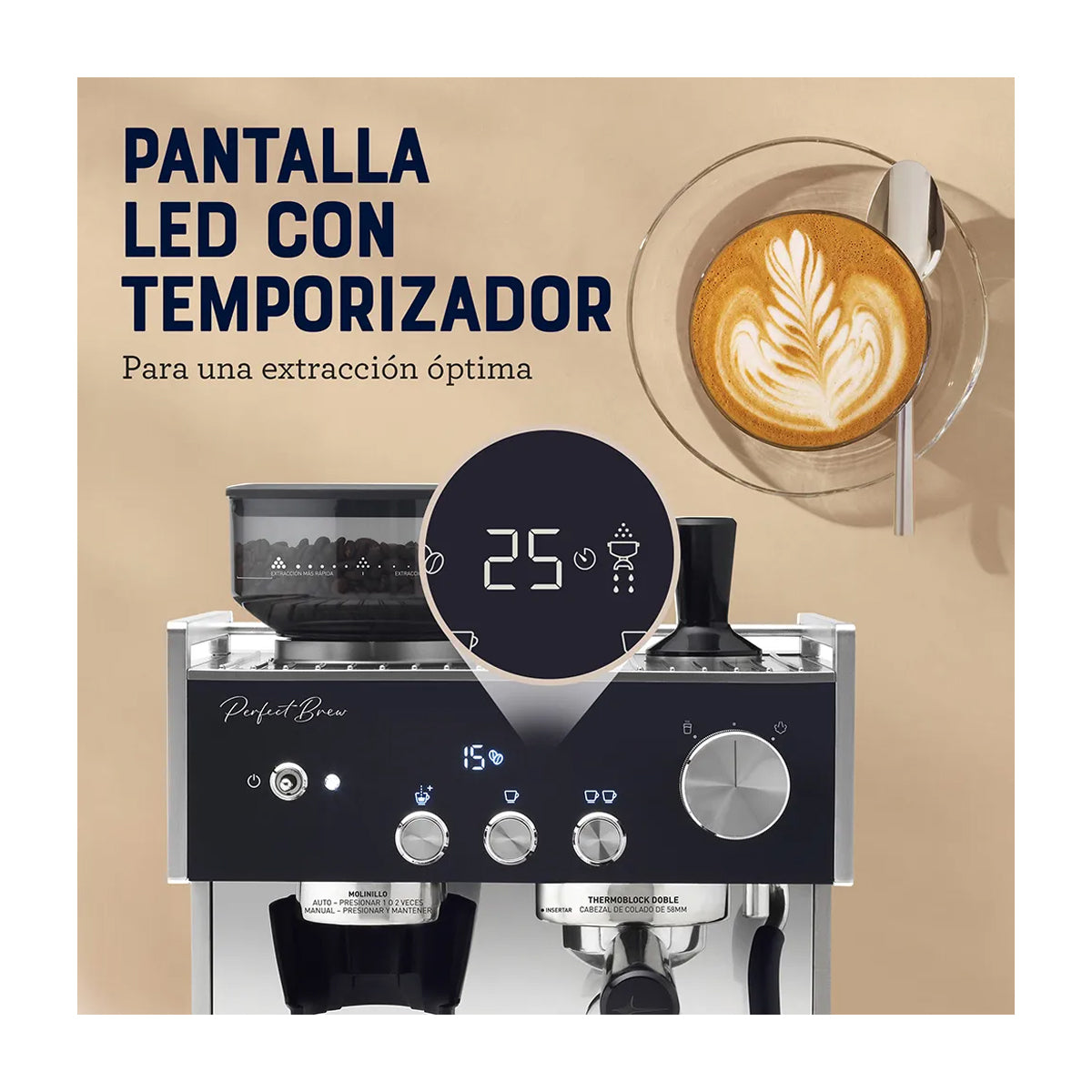 Oster BVSTEM7400 Cafetera Perfect Brew Máxima | Espresso y Latte | 15 Bares | Thermoblock Doble | Molino Inteligente | Acero Inoxidable