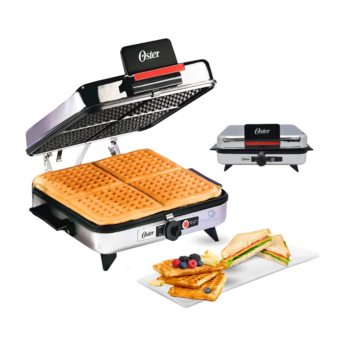 Oster CG120W012 Plancha Sandwichera 3 en 1 | Altura Ajustable | Placas Reversibles | Planchas Antiadherentes | Plateado Negro