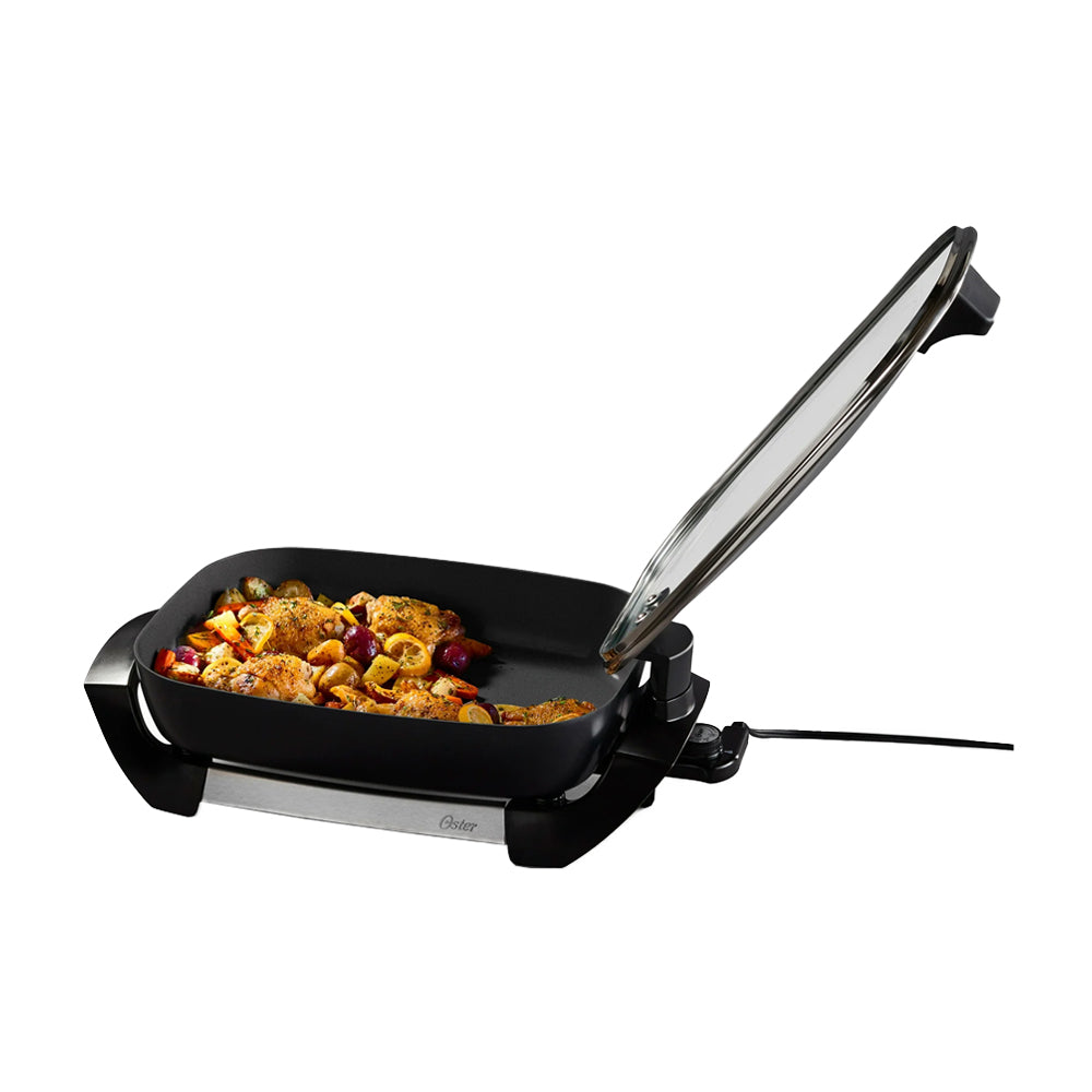Oster CKSTSK16H Sartén Eléctrico | Antiadherente | Control Ajustable | Tapa Removible | Tapa de Vidrio Templado | 1500W | Negro