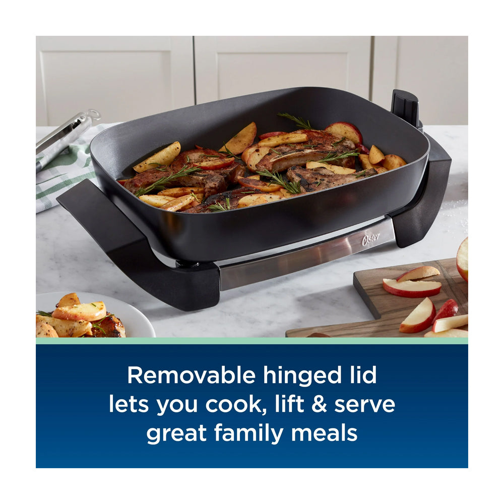 Oster CKSTSK16H Sartén Eléctrico | Antiadherente | Control Ajustable | Tapa Removible | Tapa de Vidrio Templado | 1500W | Negro