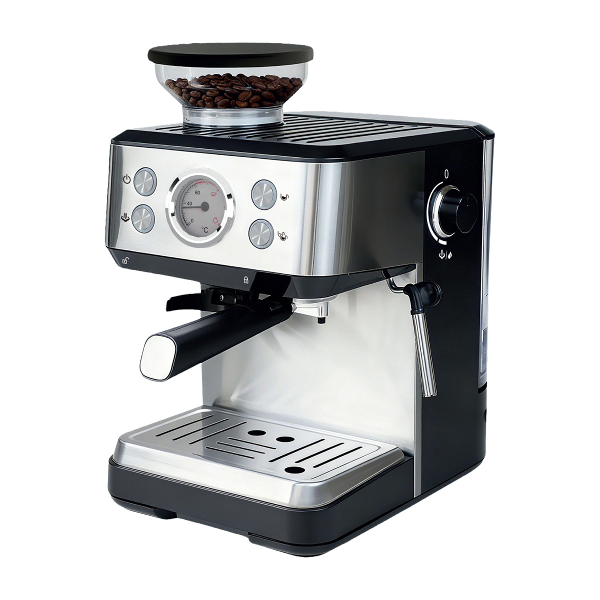 Sankey Cafetera de 2 Tazas | 20 Bares | Espresso | Molino Integrado | Espumador de Leche | Plateado Negro