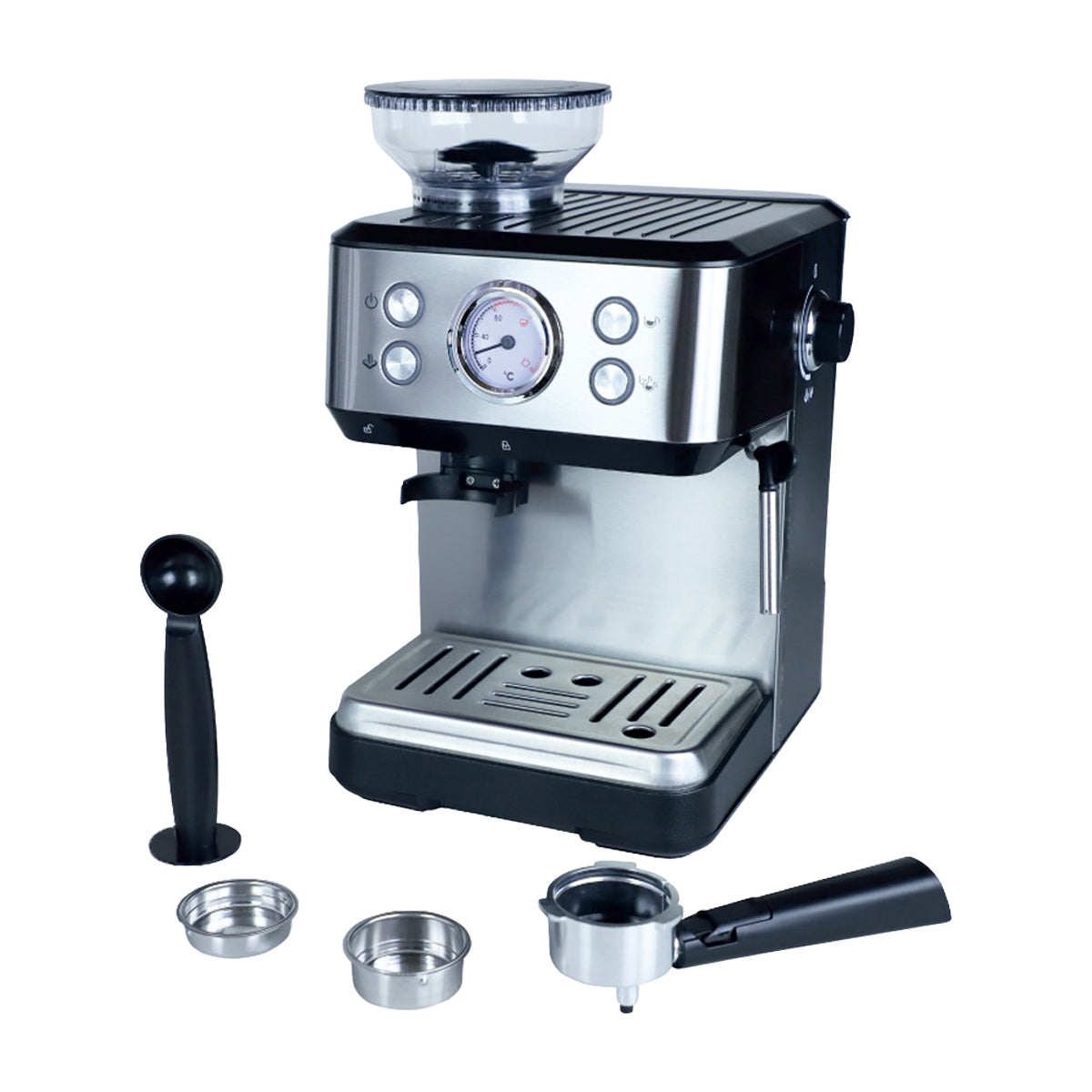 Sankey Cafetera de 2 Tazas | 20 Bares | Espresso | Molino Integrado | Espumador de Leche | Plateado Negro
