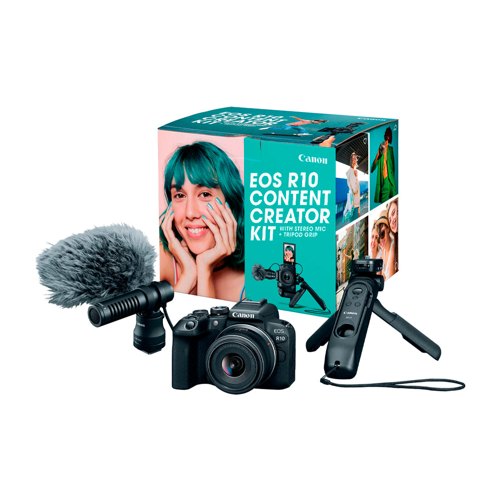 Canon Content Creator Kit | EOS R10 Cámara Digital Mirrorless con Lente 18-45mm IS STM, Stereo Mic, Tripod Grip