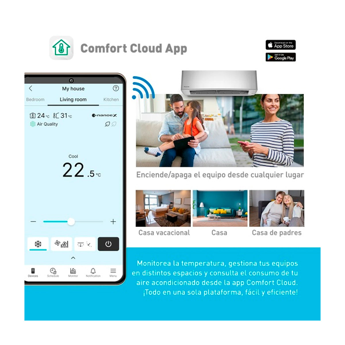 Panasonic Aire Acondicionado Split Premium Inverter 25,200 BTU | SEER 22 | nanoeX Mark 2 | WiFi Comfort Cloud | Blue Fin | 220v | Gris