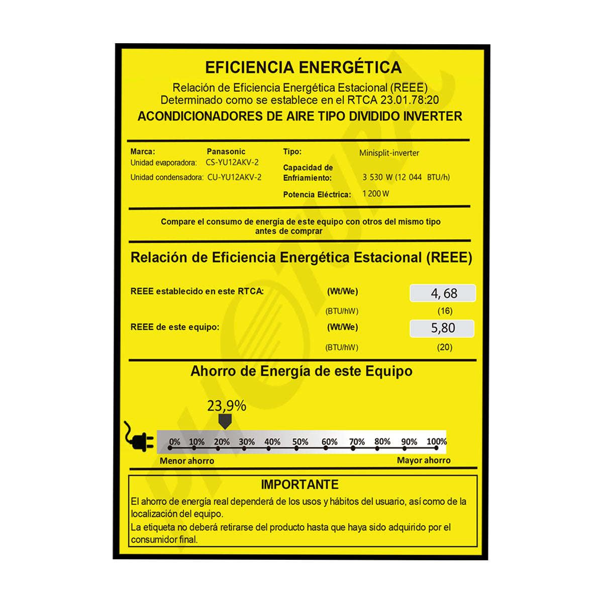 Panasonic Aire Acondicionado Split Inverter 12,044 BTU | SEER 20 | YU | Enfriamiento Rápido | Blue Fin Condenser | IFeel | 220v | Blanco