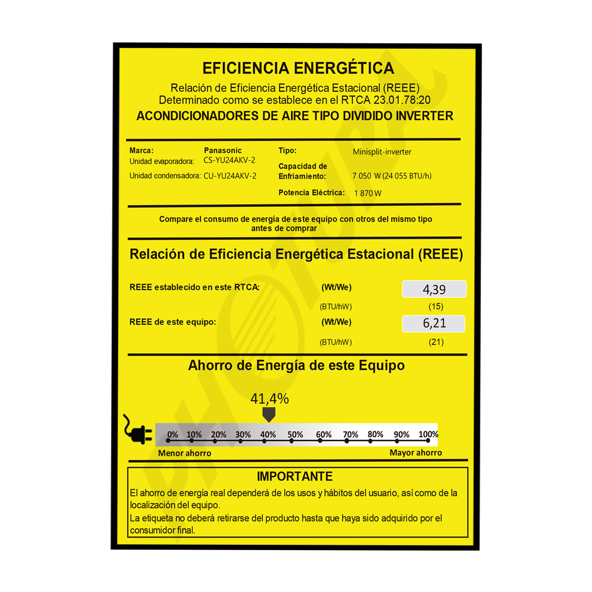 Panasonic Aire Acondicionado Split Inverter 24,055 BTU | SEER 21 | YU | Enfriamiento Rápido | Blue Fin Condenser | IFeel | 220v | Blanco